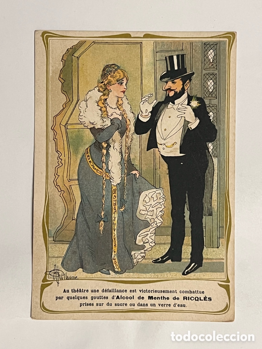 Collectable Antique Stickers: CROMO ALCOHOL MENTA RICQLES, (h.1905) Ilustra A. GUILLAUME.. (9,5 x 13)