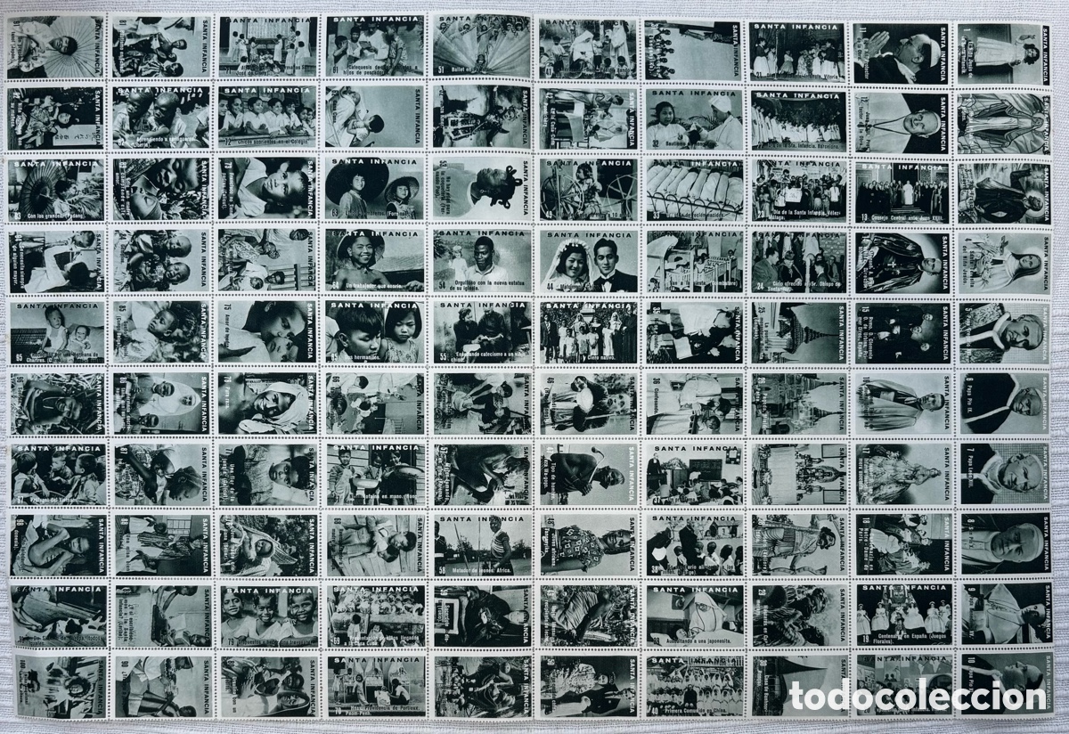 Sammeln alte Sammelbilder: Pliego de 100 cromos de la SANTA INFANCIA (gris verdoso)