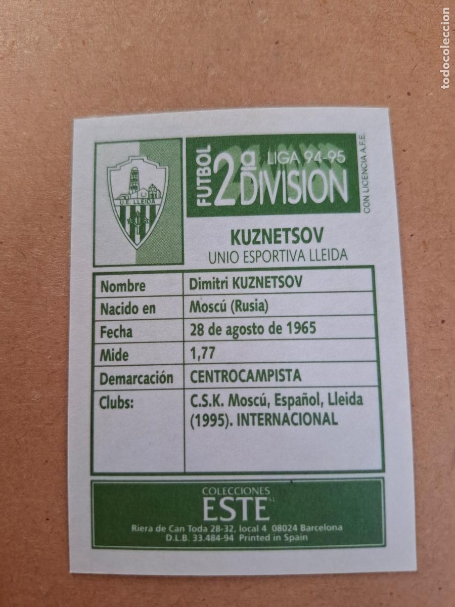 Coleccionismo cromos antiguos: ESTE 94 95 1994 1995 2&ordf; DIVISI&Oacute;N - KUZNETSOV - U.E. LLEIDA ( NUNCA PEGADO ) - Foto 2