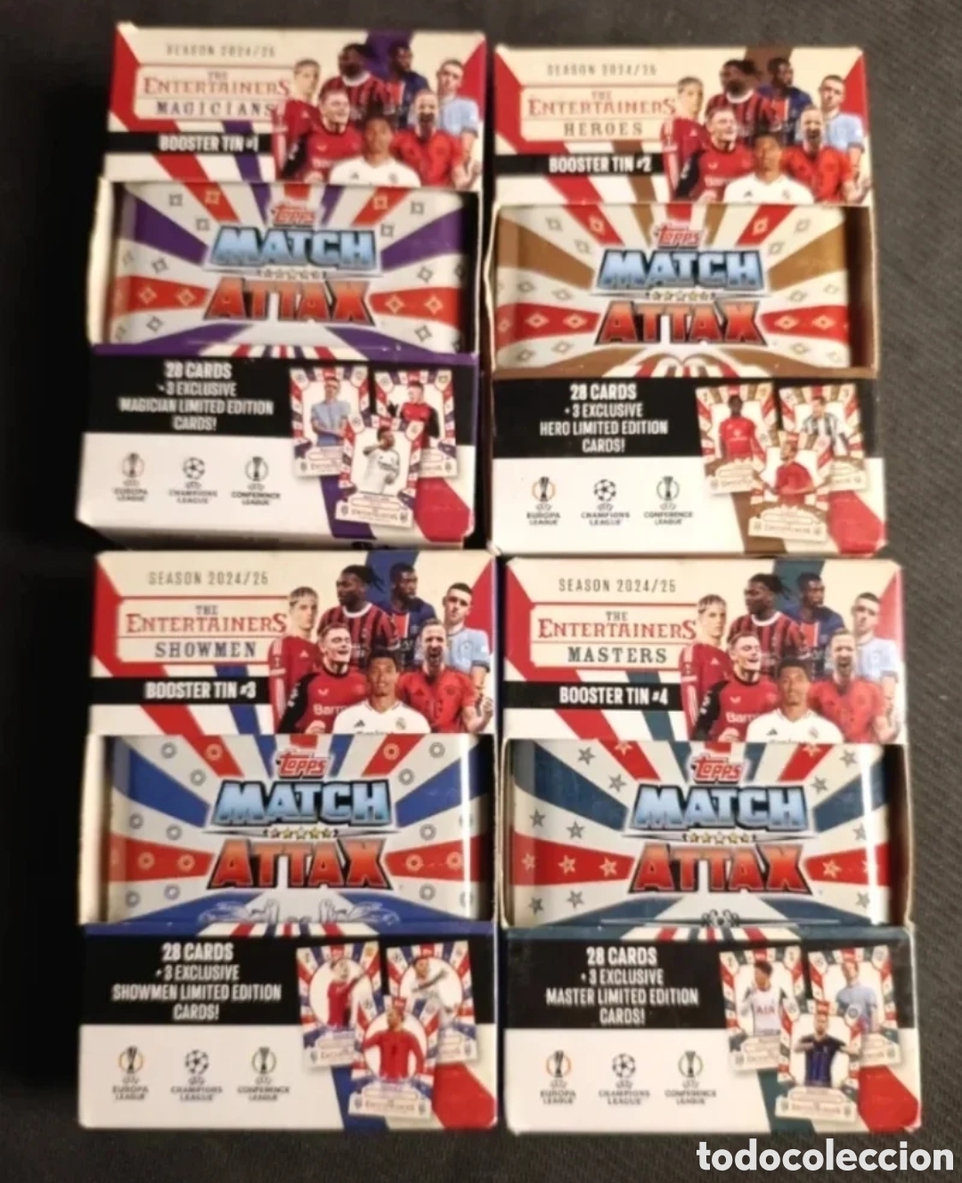 Coleccionismo cromos antiguos: Set 4 Latas Topps Match Attax 2024/25 Magicians, Heroes, Showmen y Masters