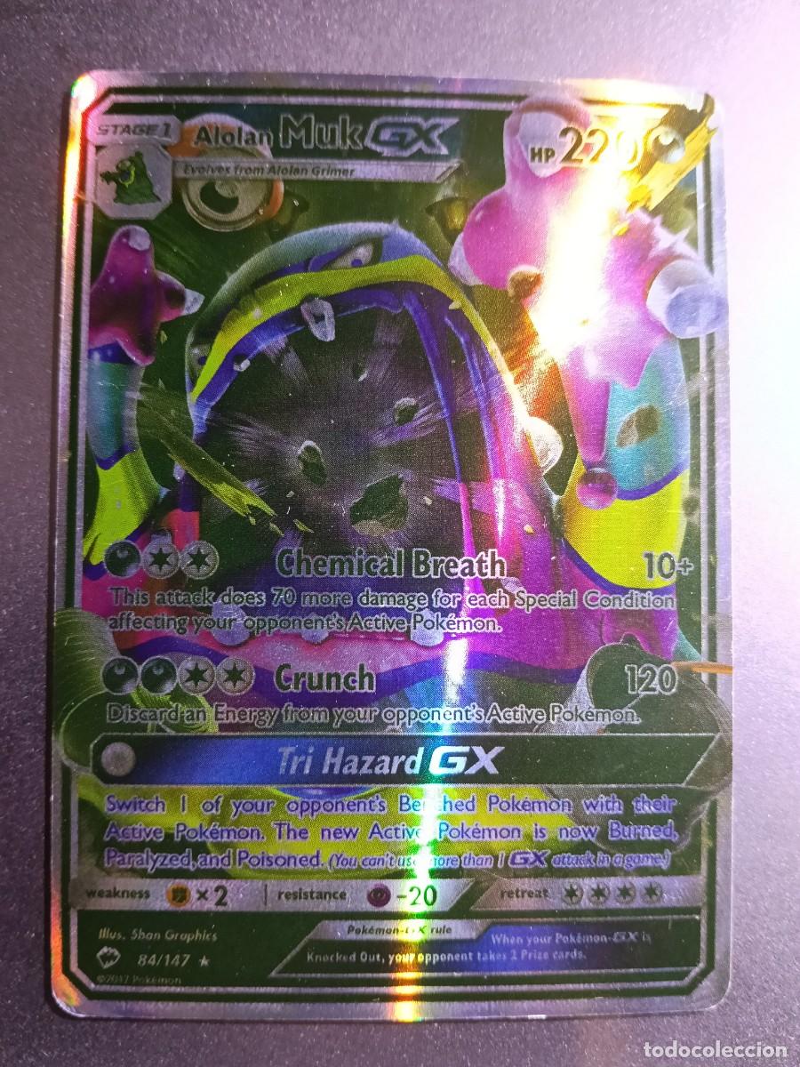Coleccionismo cromos antiguos: CROMO CARTA ALOLAN MUK GX 84/147 CRUNCH CHEMICAL BREATH BRILLANTE POKEMON 2017