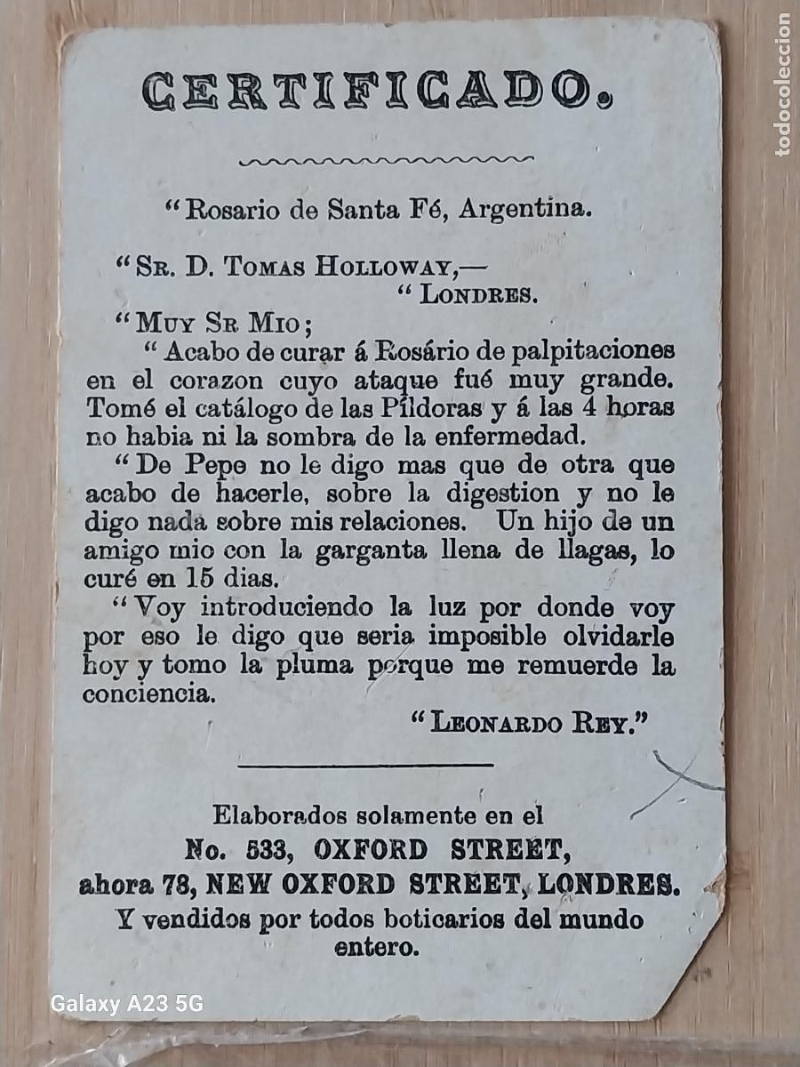 Coleccionismo cromos antiguos: HOLLOWAY PILDORAS CERTIFICADO CROMO PUBLICIDAD PPOS SXX 10.3X6.9CMS ILUSTRACION PAREJA EN BARCA