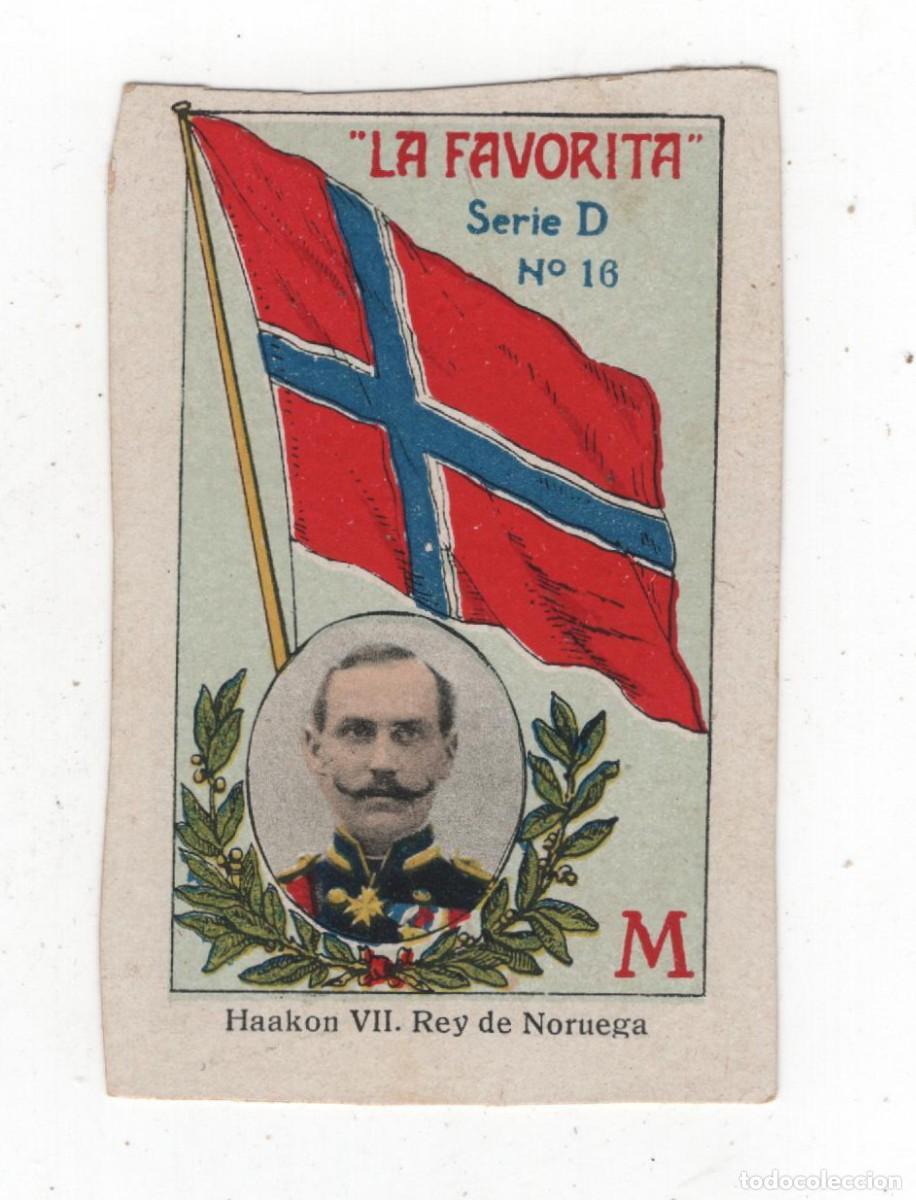 Coleccionismo cromos antiguos: LA FAVORITA ANTIGUO CROMO (CARTON) DOS CARAS (VER) HAAKON REY DE NORRUEGA MAPA EN REVERSO