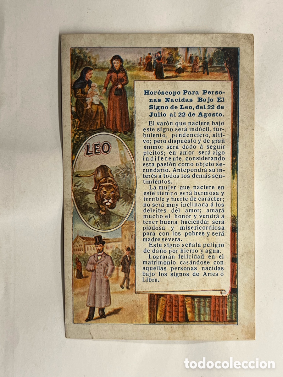 Coleccionismo cromos antiguos: PELLETS DR. MACKENZY, Cromos publicitarios farmacia.. Hor&oacute;scopo LE&Oacute;N, Serie A. No.8 (h.1920?)