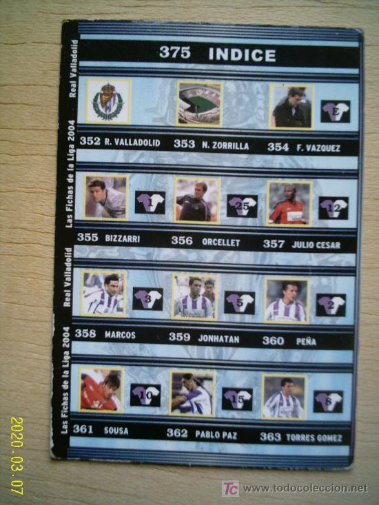Cromos de f&uacute;tbol: TRADING CARD. MUNDI CROMO. FICHAS LIGA 2004. &Iacute;NDICE VALLADOLID C.F. 375
