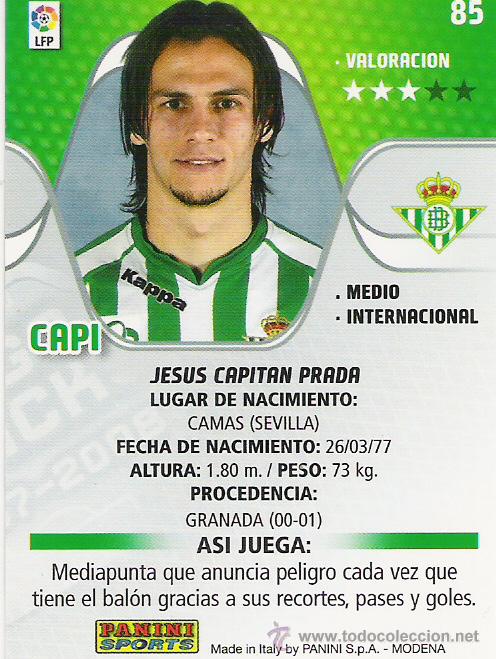 Cartes &agrave; collectionner de Football: PANINI SPORT---1 CROMO TEMPORADA 2007-2008 (MEGA CRAKS)---REAL BETIS---N&ordm; 85---CAPI