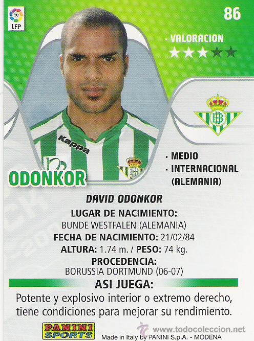 Cartes &agrave; collectionner de Football: PANINI SPORT---1 CROMO TEMPORADA 2007-2008 (MEGA CRAKS)---REAL BETIS---N&ordm; 86---ODONKOR