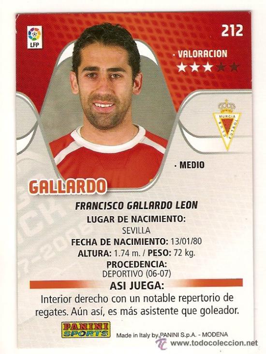 Cartes &agrave; collectionner de Football: PANINI SPORT---1 CROMO TEMPORADA 2007-2008 (MEGA CRAKS)---REAL MURCIA---N&ordm; 212---GALLARDO