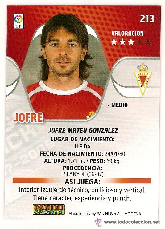 Cartes &agrave; collectionner de Football: PANINI SPORT---1 CROMO TEMPORADA 2007-2008 (MEGA CRAKS)---REAL MURCIA---N&ordm; 213---JOFRE
