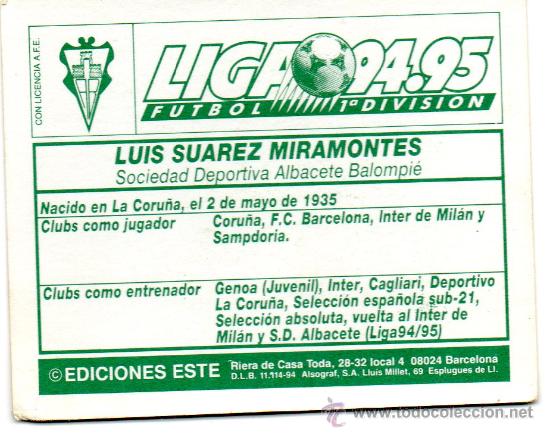 Cromos de f&uacute;tbol: Ed. Este 94 - 95 / Luis Su&aacute;rez - Albacete - dif&iacute;cil - Foto 2