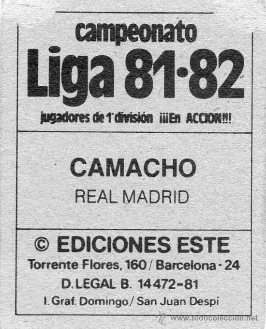 Cromos de f&uacute;tbol: Ed. Este 81 - 82 / Camacho - Real Madrid - Foto 2