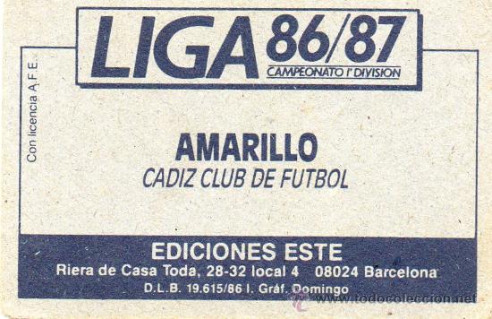 Cromos de f&uacute;tbol: Ed. Este 86-87 / Amarillo - C&aacute;diz (nuevo) - Foto 2