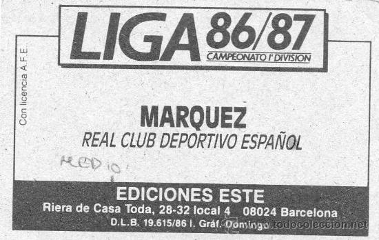 Cromos de f&uacute;tbol: Ed. Este 86-87 / M&aacute;rquez - Espa&ntilde;ol (sin pegar) - Foto 2