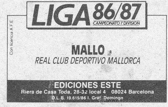 Cromos de f&uacute;tbol: Ed. Este 86-87 / Mallo - Mallorca (nuevo) - Foto 2