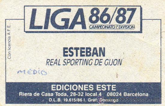Cromos de f&uacute;tbol: Ed. Este 86-87 / Esteban - Sporting (sin pegar) - Foto 2