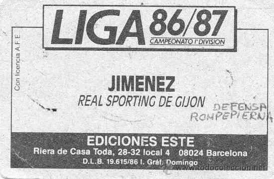 Cromos de f&uacute;tbol: Ed. Este 86-87 / Jim&eacute;nez - Sporting (sin pegar) - Foto 2