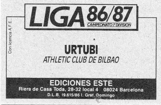 Cromos de f&uacute;tbol: Ed. Este 86-87 / Urtubi - Athletic de Bilbao (nuevo) - Foto 2