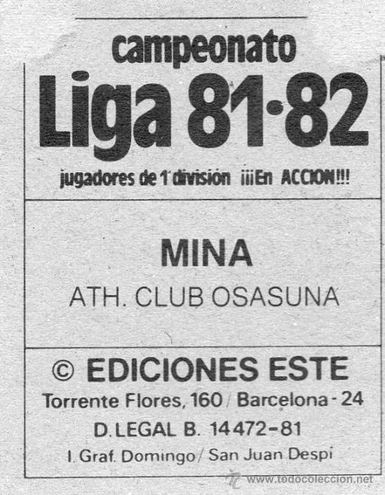 Cromos de f&uacute;tbol: Ed. Este 81-82 / Mina - Osasuna - Foto 2