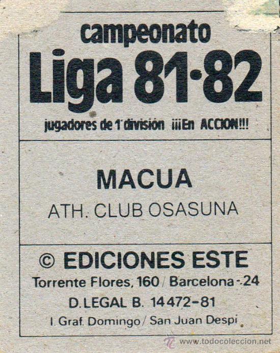 Cromos de f&uacute;tbol: Ed. Este 81-82 / Macua - Osasuna - Foto 2