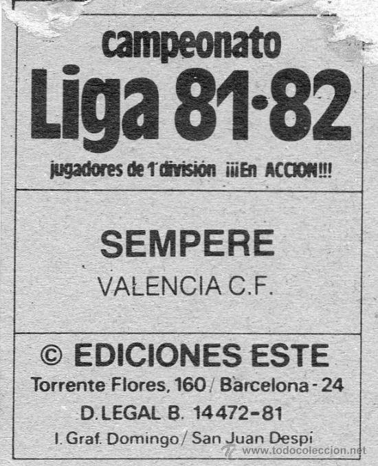 Cromos de f&uacute;tbol: Ed. Este 81-82 / Sempere - Valencia - Foto 2