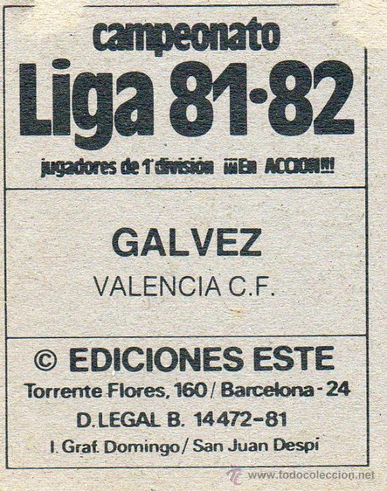 Cromos de f&uacute;tbol: Ed. Este 81-82 / G&aacute;lvez - Valencia - Foto 2