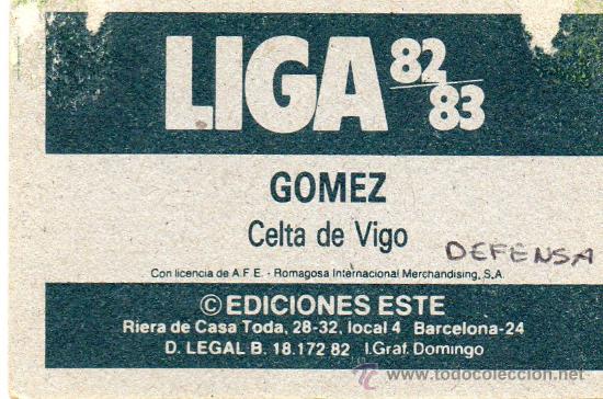 Cromos de f&uacute;tbol: Ed. Este 82 - 83 / G&oacute;mez - Celta - Foto 2
