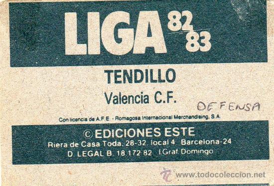 Cromos de f&uacute;tbol: Ed. Este 82 - 83 / Tendillo - Valencia - Foto 2