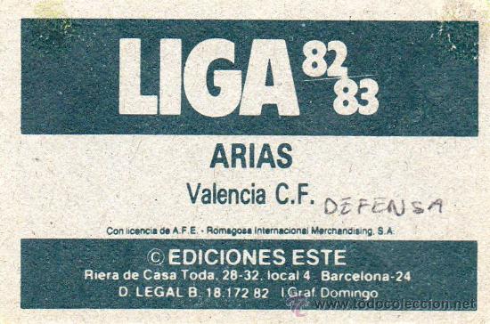 Cromos de f&uacute;tbol: Ed. Este 82 - 83 / Arias - Valencia - Foto 2