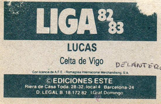Cromos de f&uacute;tbol: Ed. Este 82 - 83 / Lucas - Celta - Foto 2