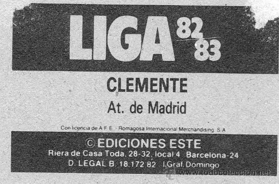 Cromos de f&uacute;tbol: Ed. Este 82 - 83 / Clemente - Atl&eacute;tico de Madrid - Foto 2