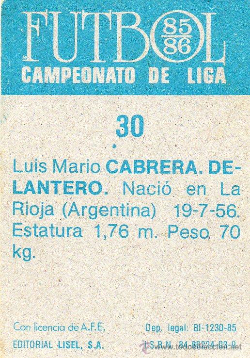 Cromos de f&uacute;tbol: Ed. Lisel 85 - 86 / Cabrera - Atl&eacute;tico de Madrid - Foto 2