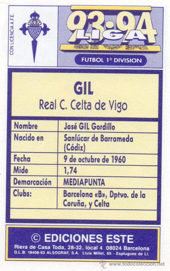 Cromos de f&uacute;tbol: Ed. Este 93 - 94 / Gil - Celta (adhesivo) - Foto 2