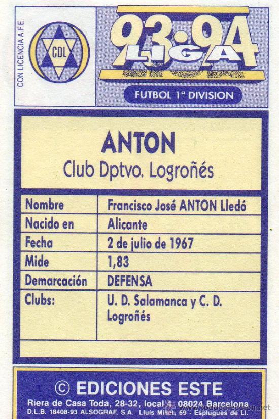 Cromos de f&uacute;tbol: Ed. Este 93 - 94 / Ant&oacute;n - Logro&ntilde;&eacute;s (adhesivo) - Foto 2