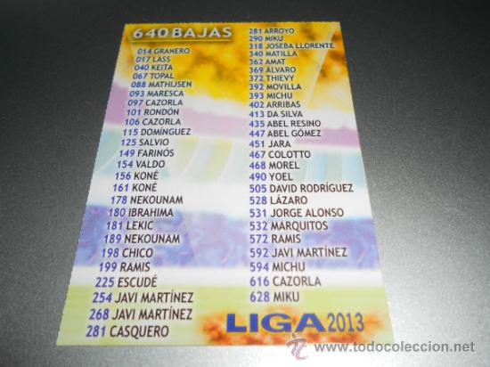Cromos de f&uacute;tbol: 640 INDICE BAJAS CHECK LIST BAJA CROMOS ALBUM MUNDICROMO LIGA FUTBOL QUIZ GAME 2012 2013 12 13