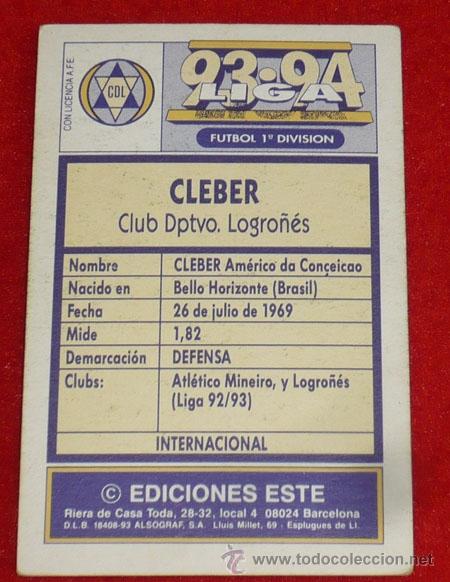 Cromos de f&uacute;tbol: CLEBER C.D. LOGRO&Ntilde;ES EDICIONES ESTE 93-94 - 1993-94 - Foto 2