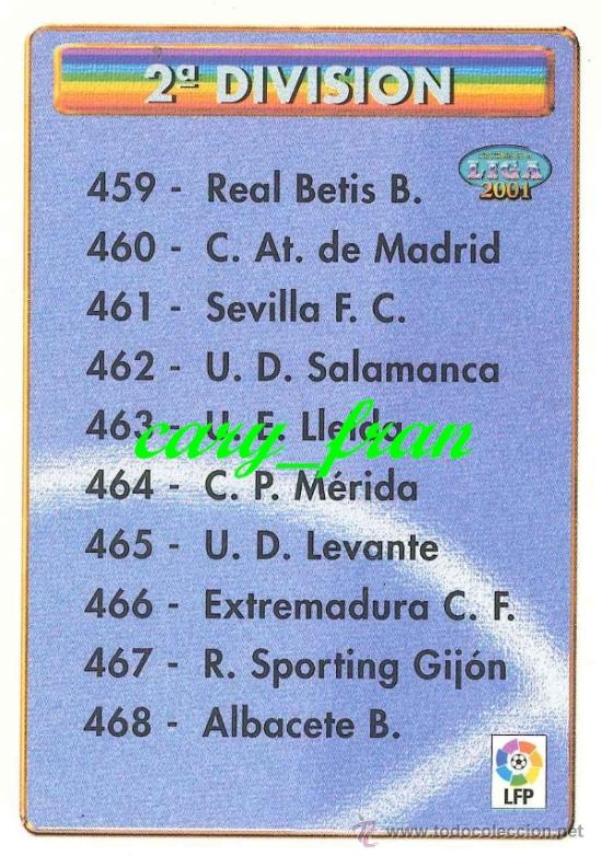 Cromos de F&uacute;tbol: MUNDICROMO 2000 2001 00 01 INDICE SEGUNDA DIVISION AZUL