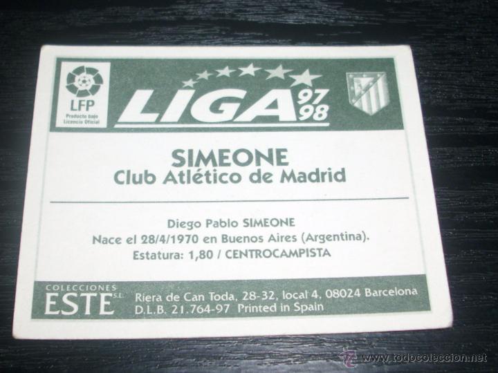 Cromos de f&uacute;tbol: -ESTE 97-98 : SIMEONE  ( AT.MADRID )  -- BAJA -- - Foto 2