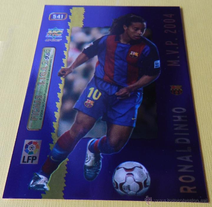 Cromos de f&uacute;tbol: 541 RONALDINHO FC BARCELONA FICHA BRILLANTE AZUL MUNDICROMO 2004 2005 LIGA MC 04 05 METALCARD BRILLO
