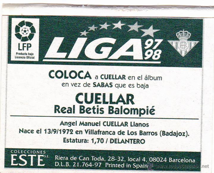 Cromos de f&uacute;tbol: ESTE 97/98 CUELLAR COLOCA DEL BETIS (LEVE VENTANILLA)(A-9) - Foto 2