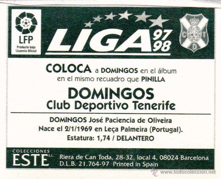 Cromos de f&uacute;tbol: ESTE 97/98 DOMINGOS COLOCA DEL TENERIFE (LEVE VENTANILLA)(A-9) - Foto 2