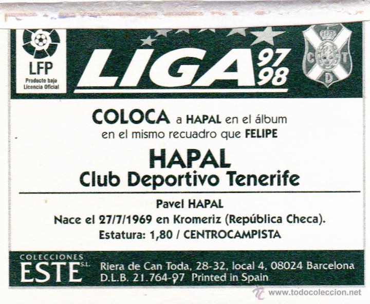 Cromos de f&uacute;tbol: ESTE 97/98 HAPAL COLOCA DEL TENERIFE (LEVE VENTANILLA)(A-9) - Foto 2