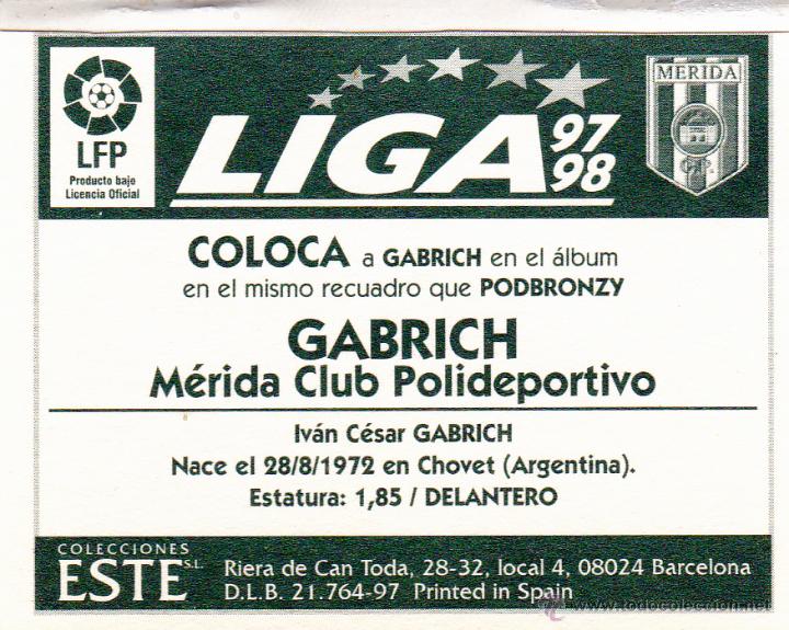 Cromos de f&uacute;tbol: ESTE 97/98 GABRICH COLOCA DEL MERIDA (LEVE VENTANILLA)(A-9) - Foto 2