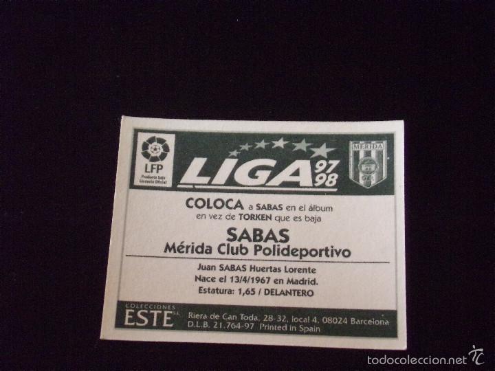 Cromos de f&uacute;tbol: SABAS, COLOCA. MERIDA. ESTE 97-98. - Foto 2