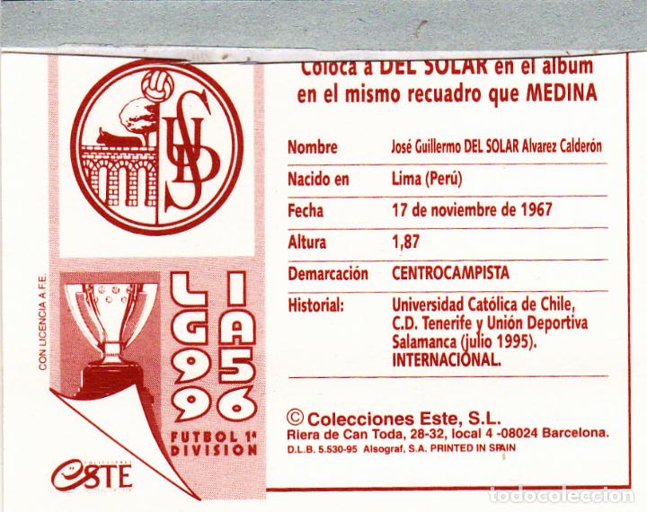 Cromos de f&uacute;tbol: ESTE 95-96 DEL SOLAR COLOCA (VENTANILLA)(A-9) - Foto 2