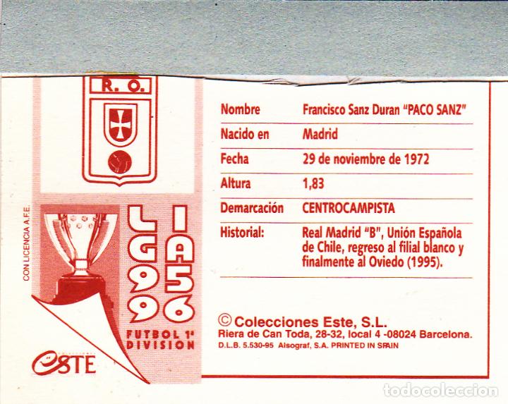 Cromos de f&uacute;tbol: ESTE 95-96 PACO SANZ COLOCA (VENTANILLA)(A-9) - Foto 2