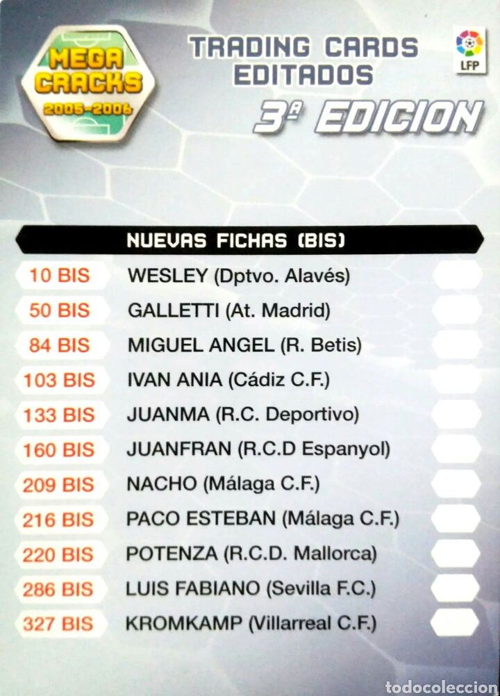 Indice 3ª 3 Edicion Nuevos Fichajes Y Fichas Bis Megacracks Mega Cracks 2005 2006 Panini 05 06