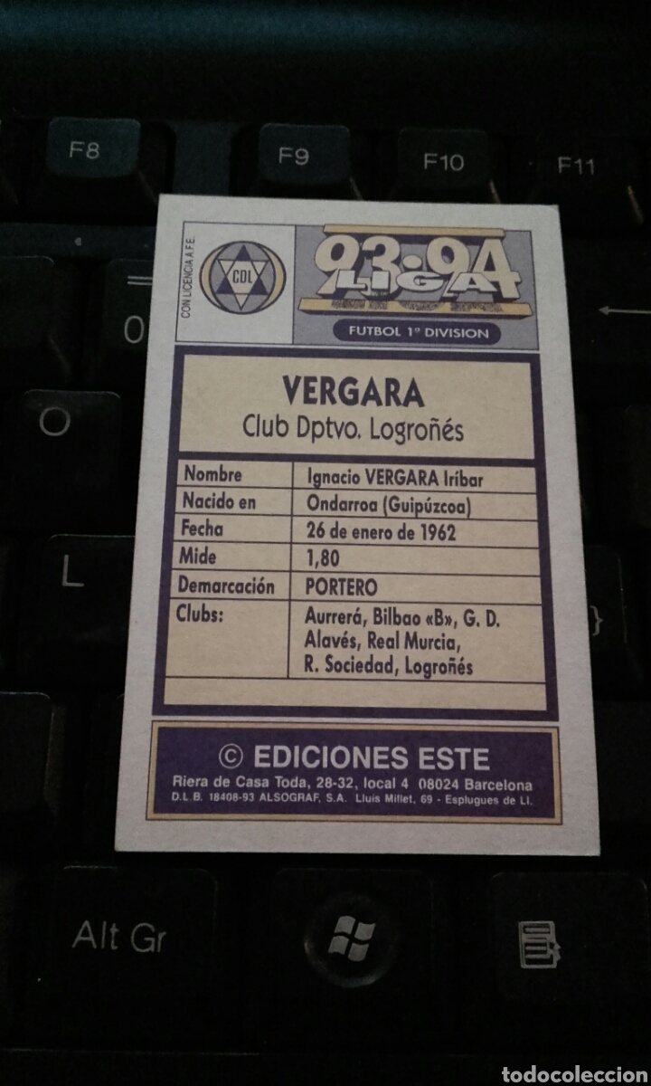 Cromos de f&uacute;tbol: CROMO VERGARA LOGRO&Ntilde;&Eacute;S 93 94 ESTE SIN PEGAR - Foto 2