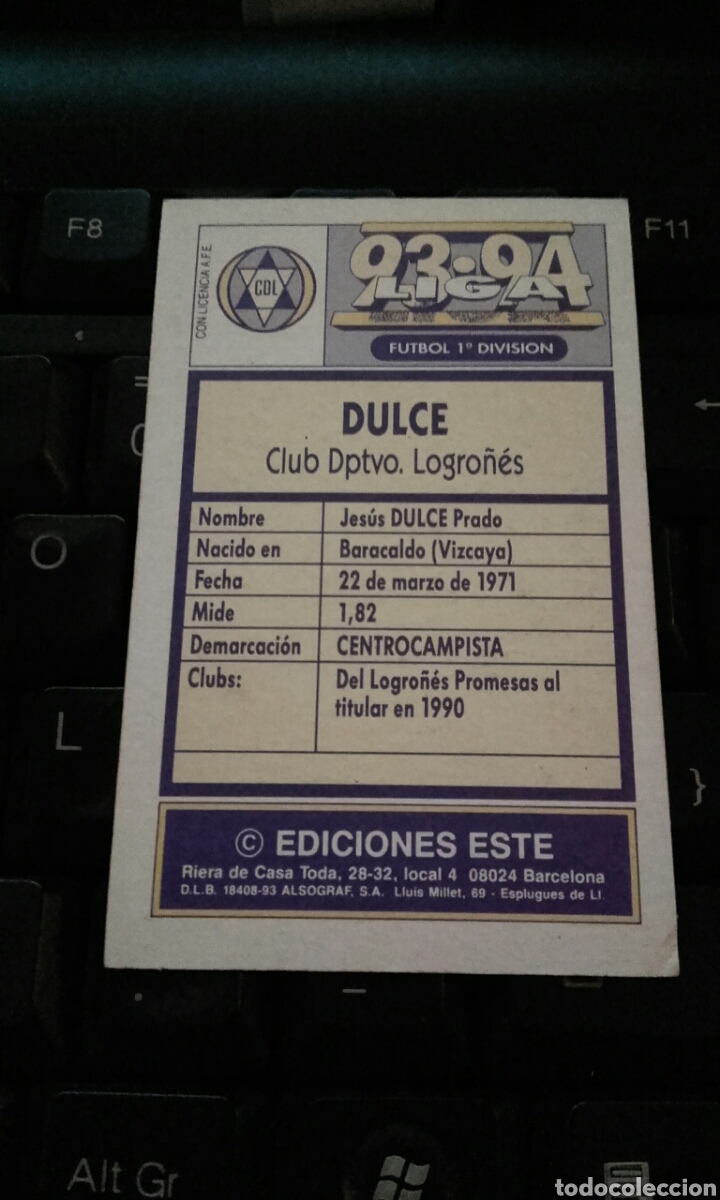 Cromos de f&uacute;tbol: DULCE LOGRO&Ntilde;&Eacute;S 93 94 ESTE SIN PEGAR - Foto 2