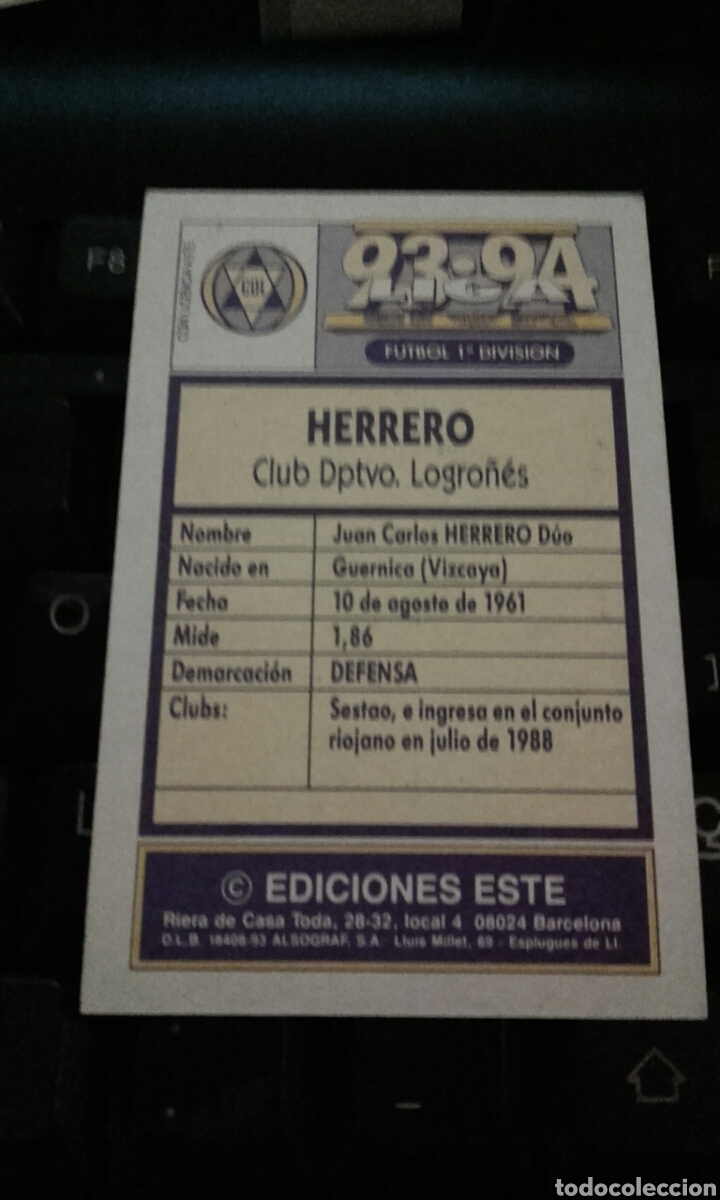 Cromos de f&uacute;tbol: CROMO HERRERO LOGRO&Ntilde;&Eacute;S 93 94 ESTE SIN PEGAR - Foto 2