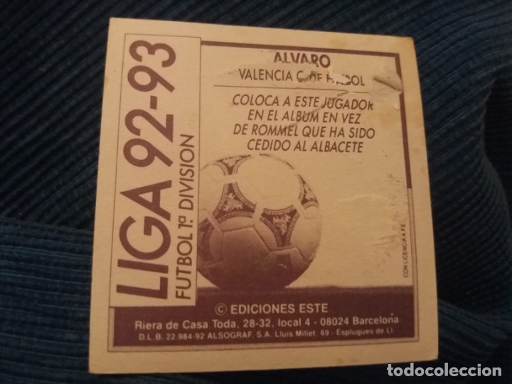 Cromos de f&uacute;tbol: 92-93 ESTE. COLOCA VALENCIA ALVARO - Foto 2